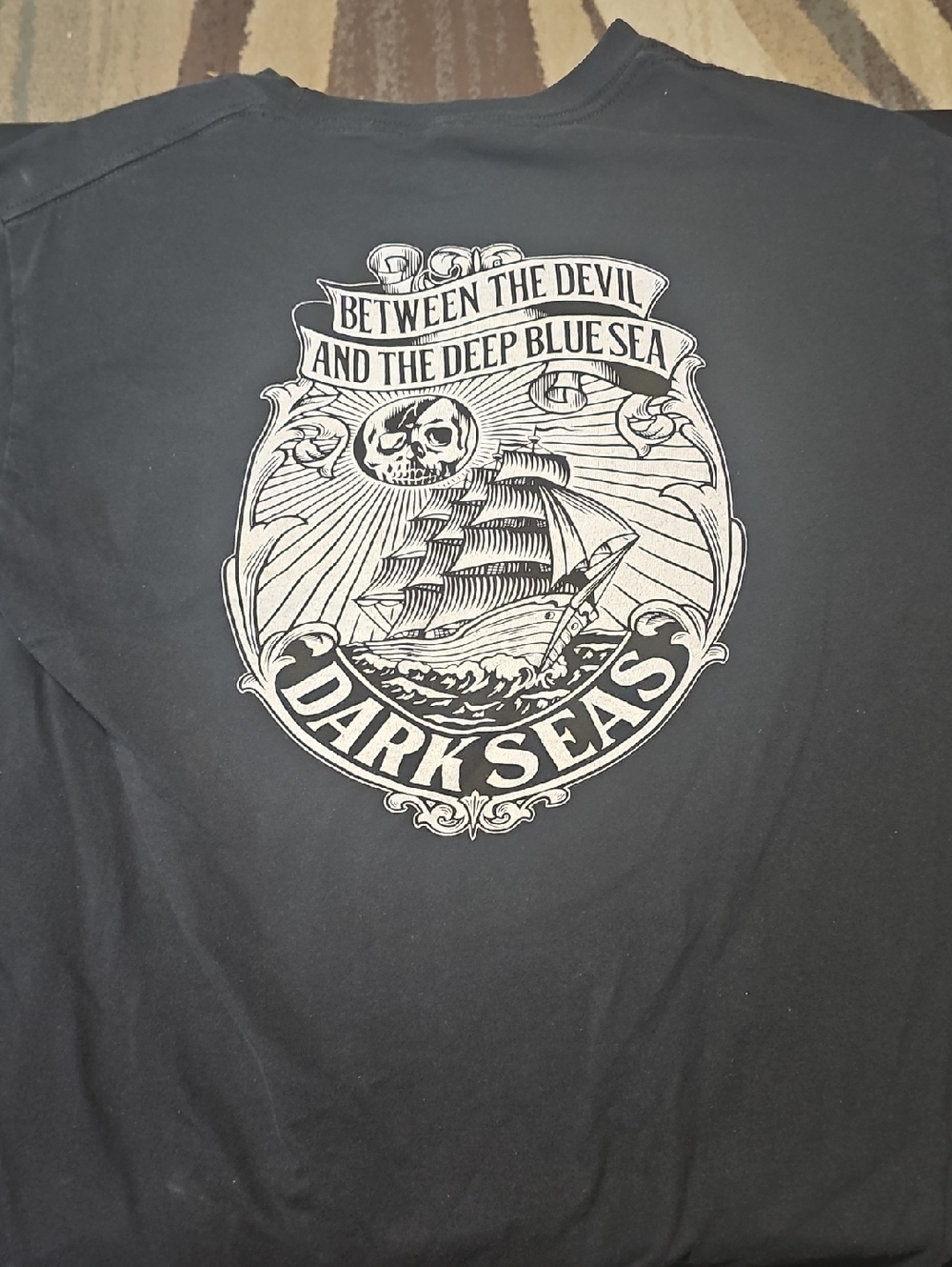 Dark Seas Black Graphic Tee - Nautical Skull Ship Back Print